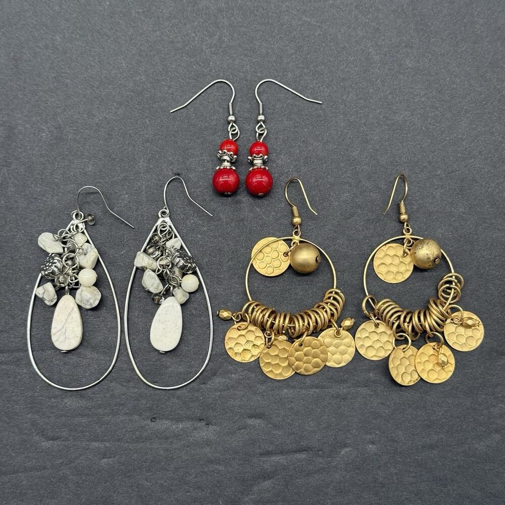 Boho Dangle Earrings Lot 3 Pairs Vintage Style Gold Tone Hoop Howlite Red Bead
